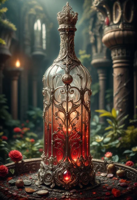 hyperdetailed ultra-detailed realistic, detailmaximizer,
extremely detailed best quality, reality-shot, realism, realistic photography of a an elaborate medieval crystal and silver wine bottle, with very small medieval ornaments, in many different vibrant colors.
The crystal medieval wine bottle is placed on a pedestal in the middle of a medieval garden, intricate details, ultra sharp, exquisite detail, flawless composition, vivid colors, masterpiece, exciting background. , High Definition HD, High Detail, Perfect Composition, dark fantasy movie, cowboy shot, bokehmachine, bokeh