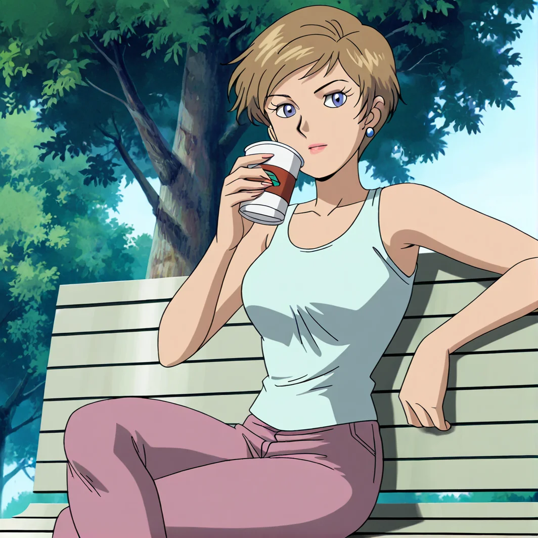 <lora:topaz_illustrious:1>, topazsonicx, 1girl, solo, looking at viewer, jewelry, sitting, earrings, outdoors, pants, tree, cup, crossed legs, tank top, retro artstyle, bench, anime coloring, brown hair, short hair, blue eyes, lipstick, (masterpiece), (best quality), (ultra-detailed), amazing quality, very aesthetic, illustration, perfect composition, intricate details, absurdres, incredibly absurdres,