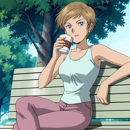 <lora:topaz_illustrious:1>, topazsonicx, 1girl, solo, looking at viewer, jewelry, sitting, earrings, outdoors, pants, tree, cup, crossed legs, tank top, retro artstyle, bench, anime coloring, brown hair, short hair, blue eyes, lipstick, (masterpiece), (best quality), (ultra-detailed), amazing quality, very aesthetic, illustration, perfect composition, intricate details, absurdres, incredibly absurdres,