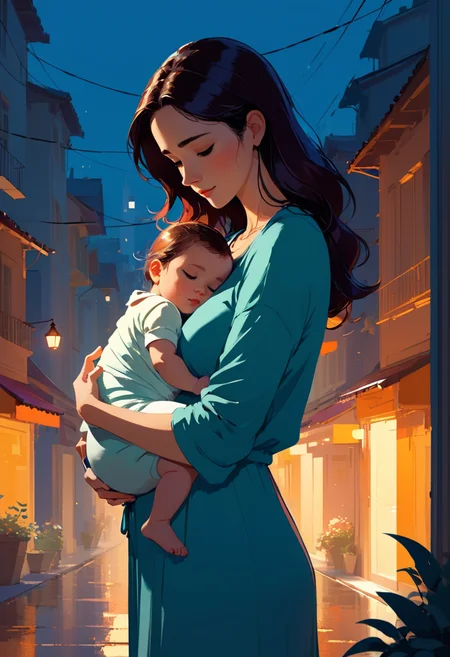 Mother cradling a baby, art by Pascal Campion, art by Atey Ghailan, art by Joelle Jones style