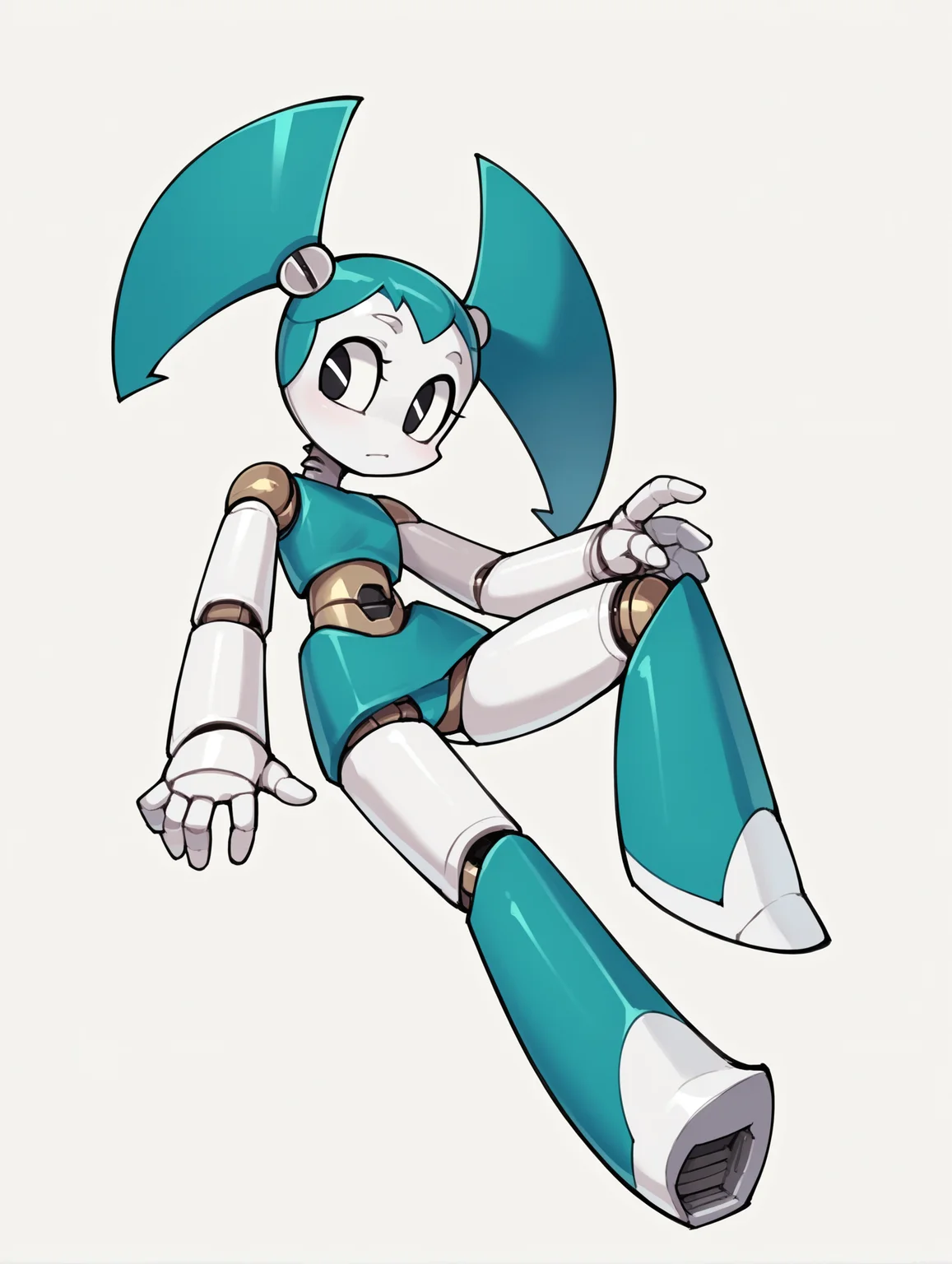 score_9, score_8_up, score_7_up, score_6_up, score_5_up, score_4_up, source_anime, BREAK
(1girl, solo:1.2), simple background, <lora:XJ-9:0.8> xj9, robot girl, robot joints, android, joints, twintails, aqua hair ,black eyes, colored skin, white skin, looking at viewer, bolt,