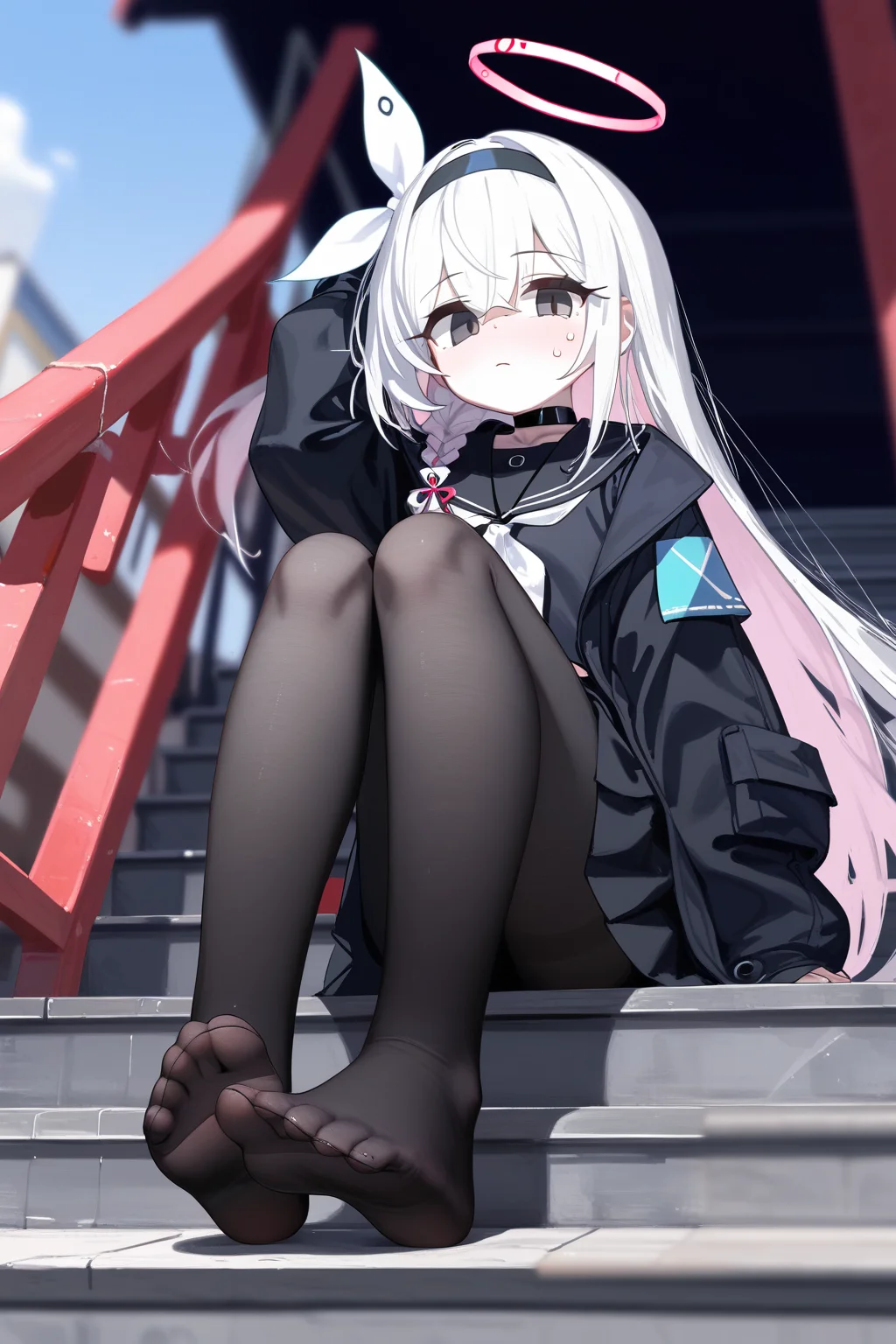 (score_9,score_8_up,score_7_up,),ultra detailed,plana \(blue archive\),black eyes,long hair,white hair,braid,bow hairband,halo,choker,black serafuku,sailor collar,black long coat,skirt,black pantyhose,1girl,<lora:plana_blue archive_PONY_last:0.6>,huge filesize,sitting,looking_at_viewer,foot_focus,leg_grab,from_below,depth of field,stairs,bandaid_on_knee,two feets,