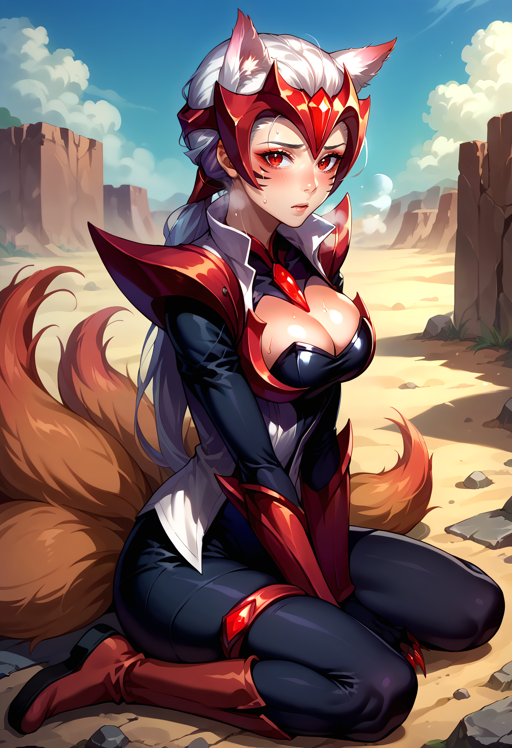 score_9, score_8_up, score_7_up, source_anime BREAK 1girl, solo, looking at viewer,  cowboy shot, from side, dutch angle, 
<lora:Ahri_Challenger_pdxl_Incrs_v1:1>, Ahrichallenger, animal ears, facial mark, fox tail, multiple tails, long hair, white hair, low ponytail, red eyes, large breasts, Makeup, gem, forehead protector, pauldrons, vambraces, black bodysuit, white Shirt, cleavage, claws, gloves, thigh strap, knee boots, 
medium breasts, skindentation, sweat, exhausted, blush, open mouth, heavy breathing, wariza, w sitting, <lora:Wariza__Concept_Lora:1>, on ground, soles,
stone, dust, desert, cloudy sky,