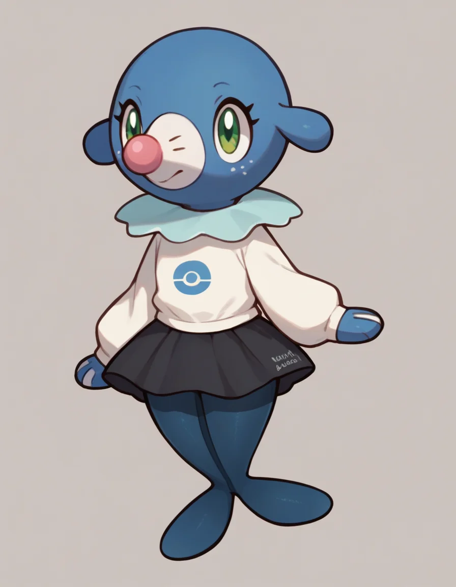 score_9, score_8_up, score_7_up, score_6_up, score_5_up, score_4_up, 1girl, full body, solo,
college pullover sweatshirt,, black skirt, pantyhose, blue pantyhose,
freckles, <lora:Popplio_v0-4-lora:0.8> popplio, blue fur, white snout, pink nose, droopy ears, whisker markings, blue collar, frilled collar, pokemon \(creature\), (seal \(animal\):1.2), green eyes, eyelashes, pinniped, flippers,