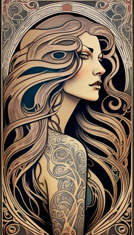 Art Nouveau art of a mysterious woman with flowing hair and elaborate tattoos, cinematic composition. <lora:Everly_Heights_Comics:1>
