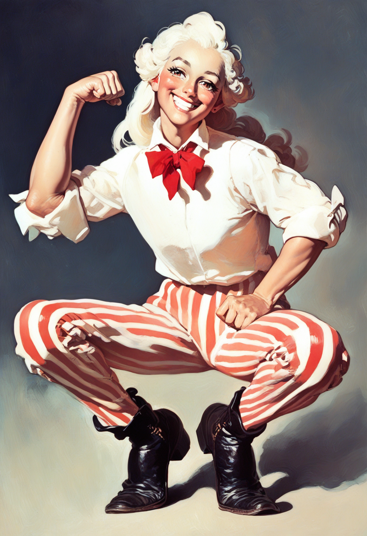 score_9, score_8_up, score_7_up, score_6_up, score_5_up, score_4_up, rating_safe, <lora:uncle_sam_v01-000030:1>1girl, solo, white hair, long hair, red vertical-striped pants, white shirt, rolled up sleeves, (black boots:0.75), undone red bowtie, smiling, looking at viewer, flexing, from front, full body <lora:norman_rockwell_style_pony_v6:1>