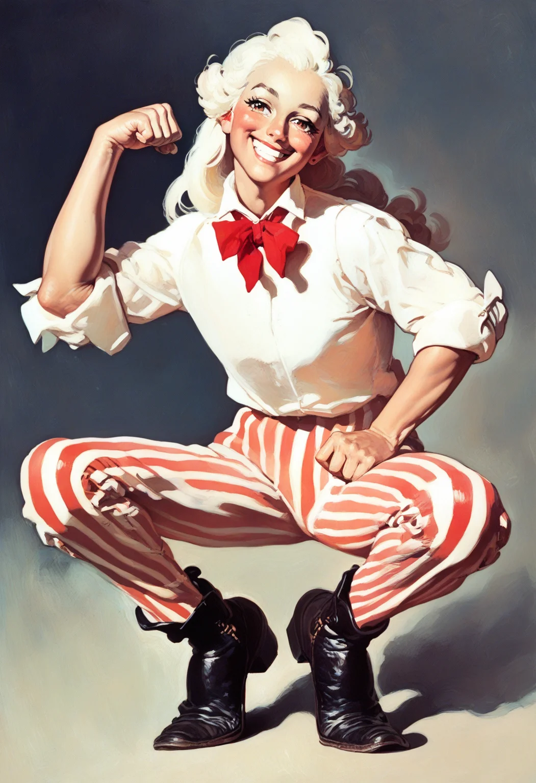 score_9, score_8_up, score_7_up, score_6_up, score_5_up, score_4_up, rating_safe, <lora:uncle_sam_v01-000030:1>1girl, solo, white hair, long hair, red vertical-striped pants, white shirt, rolled up sleeves, (black boots:0.75), undone red bowtie, smiling, looking at viewer, flexing, from front, full body <lora:norman_rockwell_style_pony_v6:1>