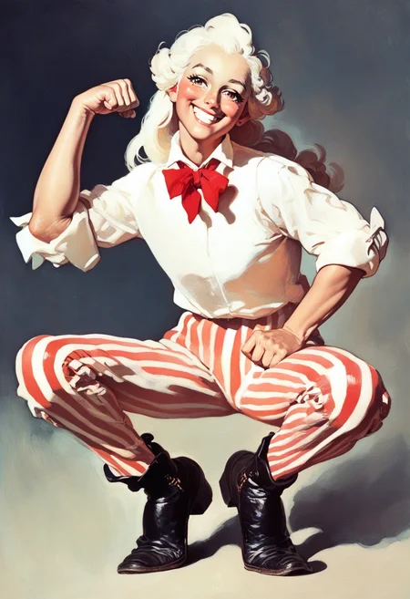 score_9, score_8_up, score_7_up, score_6_up, score_5_up, score_4_up, rating_safe, <lora:uncle_sam_v01-000030:1>1girl, solo, white hair, long hair, red vertical-striped pants, white shirt, rolled up sleeves, (black boots:0.75), undone red bowtie, smiling, looking at viewer, flexing, from front, full body <lora:norman_rockwell_style_pony_v6:1>
