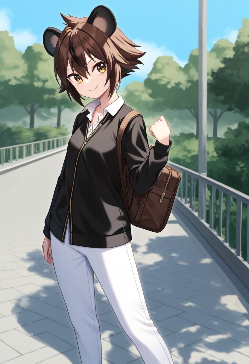 core_9, Score_8_up, Score_7_up, core_9, Score_8_up, Score_7_up, 1 girl, Yena Madaraba, short hair, brown hair, mottled hair, flat chest, (brown eyes: 1.1), pants, school uniform, black jacket, white pants with black polka dots, pants with black spots, shirt, long sleeves, brown shoes, frown, smile, looking at viewer, standing, in a park, blue sky, beautiful day