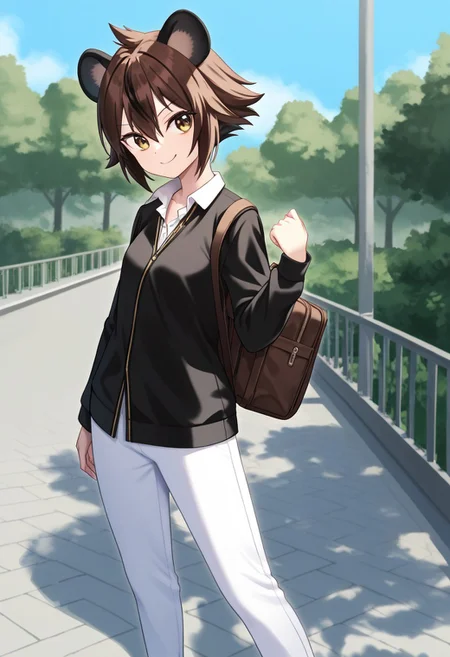 core_9, Score_8_up, Score_7_up, core_9, Score_8_up, Score_7_up, 1 girl, Yena Madaraba, short hair, brown hair, mottled hair, flat chest, (brown eyes: 1.1), pants, school uniform, black jacket, white pants with black polka dots, pants with black spots, shirt, long sleeves, brown shoes, frown, smile, looking at viewer, standing, in a park, blue sky, beautiful day