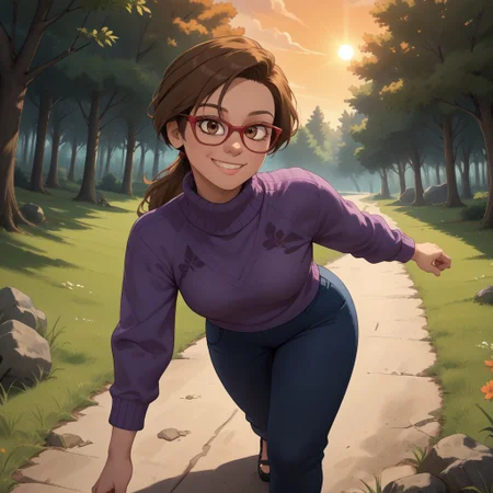 score_9, score_8, BREAK, solo, brown hair, ponytail, brown eyes, red glasses, dark purple sweater, dark blue pants, black sandals, Jill_Andersen_(Inside_Out), sexy pose, self portrait, smile, outdoors, sunlight, shadows, evening lighting, natural lighting, forest, trees, grass, orange sky, sunset