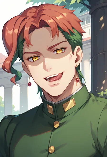 score_9, score_8_up, score_7_up, source_anime, rating_explicit, (very aesthetic), perfect anatomy, perfect human legs, prefect hands, masterpiece, perfect anatomy, ultra detailed, detailed face, detailed background,
<lora:1Hoseki_JoJosBizarreAdventure_KakyoinNoriaki_PDXL_v1:1> 1boy, kkn, yellow eyes, short hair, cherry earrings, green gakuran, buttons, long sleeves, green pants, brown footwear, <lora:Jojo:0.3>
<lora:tongue licking_pony_V1.1:1> tongue licking,lips,teeth,open mouth,evil smile,licking lips
portrait, close up, halfbody,
outdoors, park, highres, absurdres,
shiny skin, empty eyes, half-closed eyes, tareme, no pupils, looking up, (shaded face:1.4), (shadow face:1.4), (wince, frown, furrowed brow),