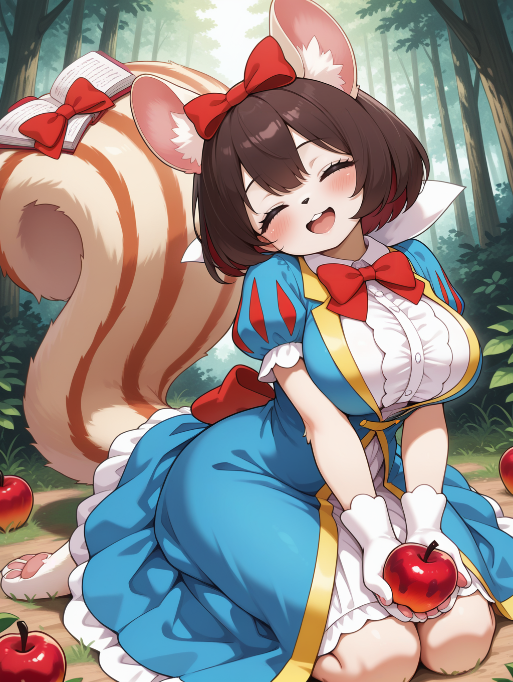 fairy tail - snow,1girl,apple,solo,squirrel girl,smile,red bow,full body,blush,blue frilled dress,holding apple,looking at viewer,large breasts,tail ornament,white paw gloves,white paw socks,animal nose,body fur:1.2,forest,head tilt, closed eyes, open mouth, 
masterpiece,best quality,amazing quality,very aesthetic,absurdres,newest,<lora:Fairy Tail snow illuXL v1.1:0.7>,