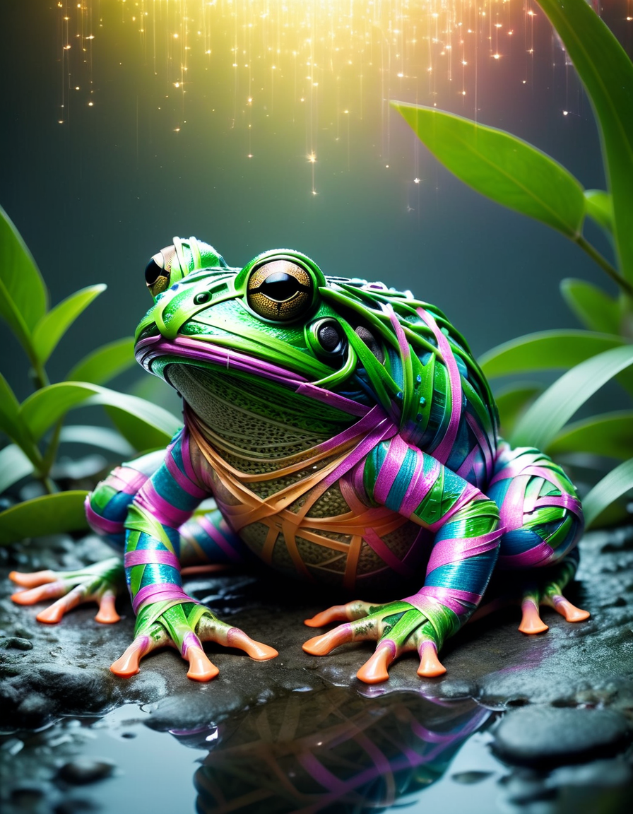 macro photo, a beautiful frog, glowing lights, beautiful magical sparkles, vibrant whimsical colors, ral-barriertape <lora:ral-barriertape:1> ral-barriertape landscape
