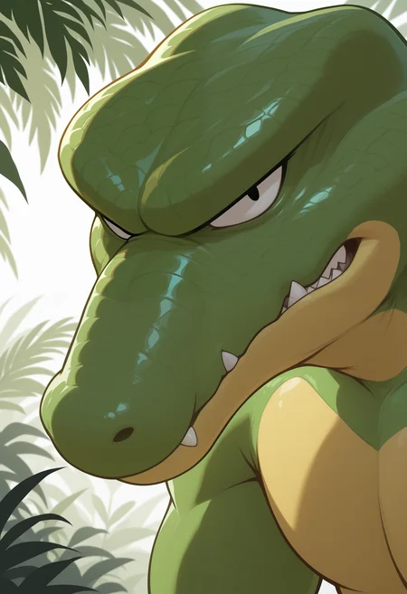 masterpiece,best quality, amazing quality, 1boy, solo, kr1tt3r, gator boy, black eyes, green skin, scales, close up, side angle, angry, frustrated, jungle,