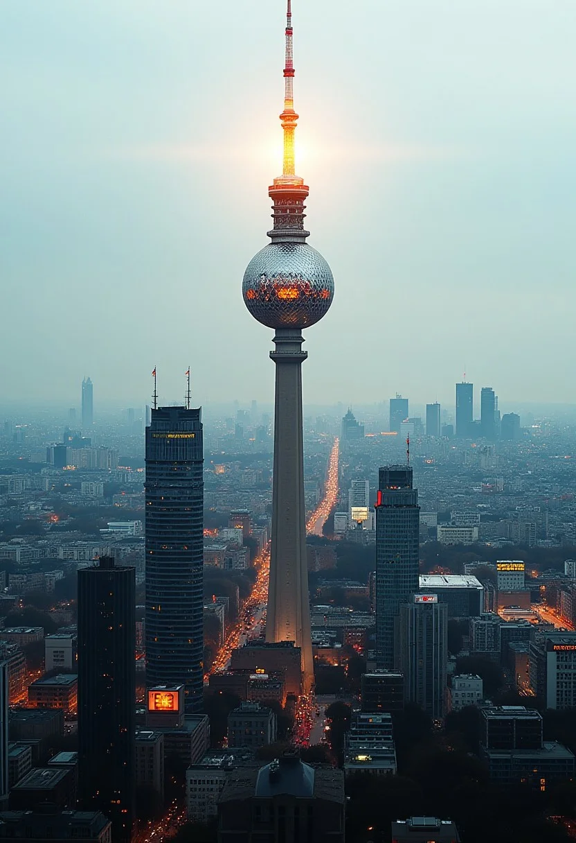 Beauty, realism, cinematography, chiaroscuro, rays of light, play of shadow and light, cinematic quality, Cinematic style.
a double exposure image that combines the cityscape of berlin with a close-up of the berlin television tower (fernsehturm berlin), creating a dramatic and artistic effect where the two elements merge seamlessly, The image captures the haunting beauty of a cityscape merging with the detailed features in the berlin television tower,