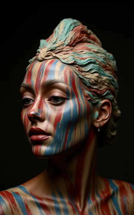 ceramic woman sculpture with ceramic glazed shinty stripy skin,fashion photography,surrealistic look,tribe looking,red and blue skin,caucasian features,skinhead,beautiful and strange,otherworldly,high end fashion,iphone picture,dark vibrant background,<lora:detailed photorealism style v3:1>,<lora:flux_realism_lora:1>,<lora:Tangbohu_real_style_FLUX_type_A:1>,<lora:hyper-detail-illustration:1>,