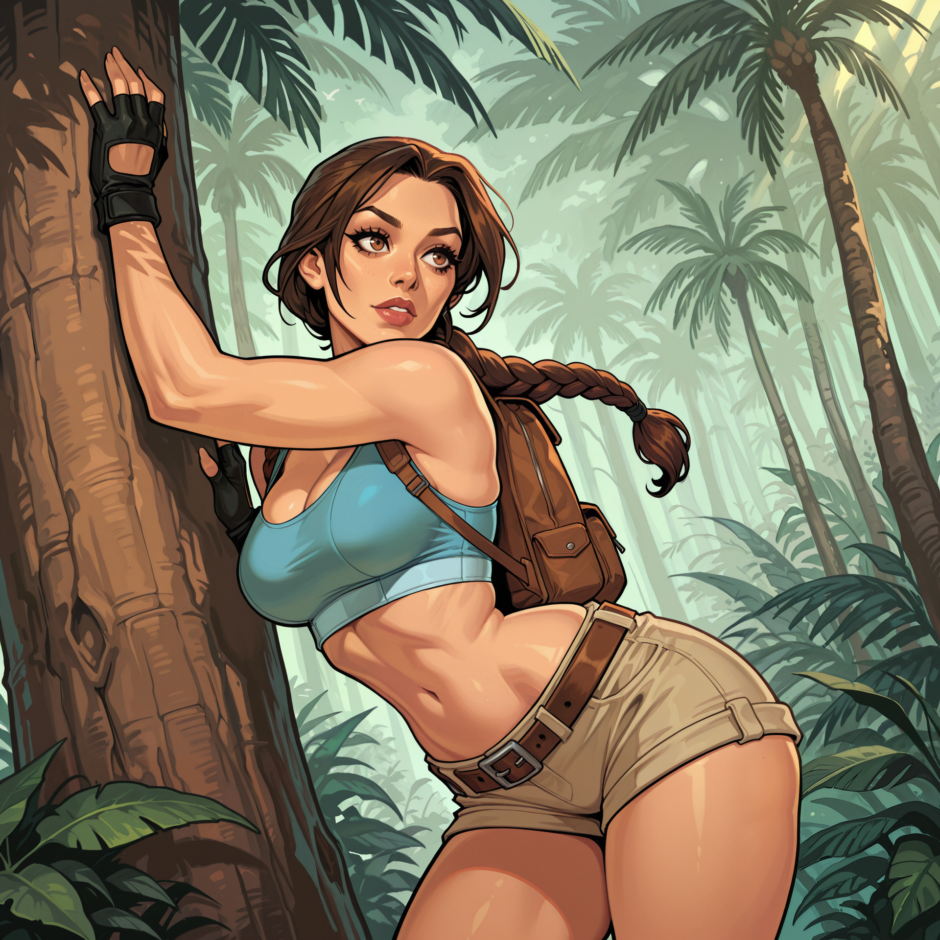 2d, concept art,

masterpiece, best quality, amazing quality, highres,

BREAK

eye contact:1.15, facing viewer:1.25, cowboy shot, 

pinup pose, back leaning against jungle tree, dynamic shot, dynamic angle, sexy poses, {front angle|side angle|back side angle}

BREAK

perfect character, perfect hands, perfect fingers, detailed character, detailed face, detailed eyes, detailed eyelashes, detailed lips, 

1girl, ((solo)), lara croft, caucasian girl, brown hair, braided ponytail, ((long parted bangs)), brown eyes, long eyelashes, 

fit body, medium breasts, almond shaped eyes, long eyelashes, small narrow waist, wide hips, skindentation, 

BREAK 

light blue sports bra, beige cargo shorts, short shorts, brown leather belt, black fingerless gloves, mini brown leather backpack, 

BREAK 

detailed background, detailed scenery, outdoors, tropical jungle,