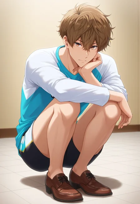 masterpiece, best quality, intricate details, semi-realistic, looking at viewer, 1boy, solo, male focus, <lora:natsuya_kirishima_ilxl:0.9>, natsuya_kirishima, brown hair, brown eyes, short hair, hair between eyes, bangs, , Checkered Cherry Track shorts with mesh panels, Graphic long-sleeve shirt, Dress shoes, , and
