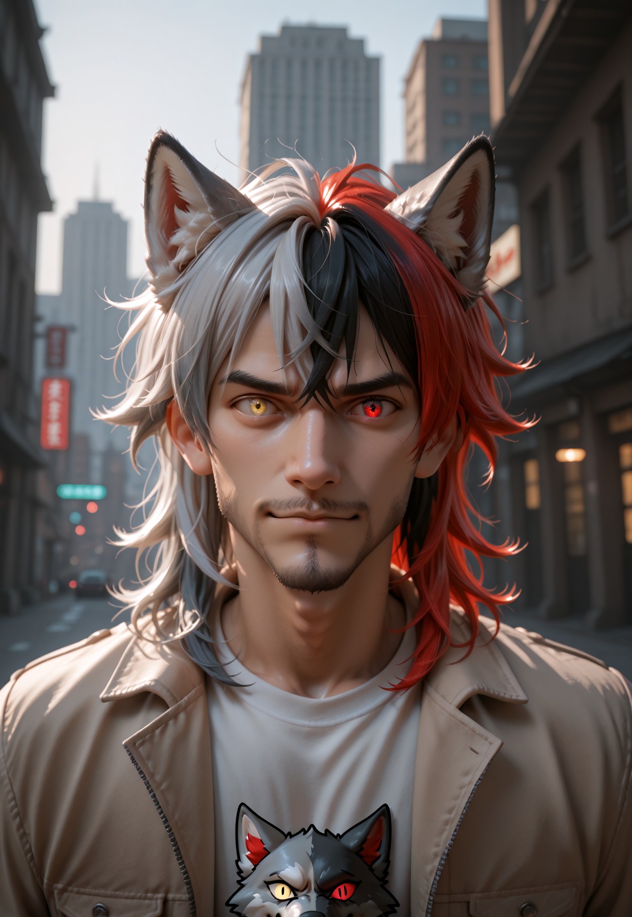 masterpiece, best quality, very aesthetic, absurdres, VD1F4NT4, expressive eyes, heterochromia, animal ears, solo, 1boy, male focus, red hair, multicolored hair, wolf ears, looking at viewer, jacket, shirt, gradient hair, yellow eyes, red eyes, grey hair, two-tone hair, black hair, messy hair, facial hair, medium hair,  depth of field, outdoors, city view, cinematic angle, cinematic lighting, looking at viewer, handsome, dynamic pose