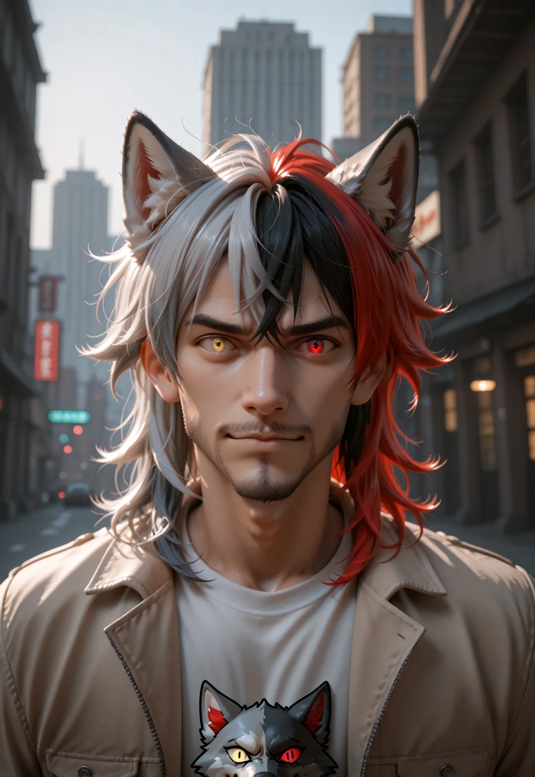 masterpiece, best quality, very aesthetic, absurdres, VD1F4NT4, expressive eyes, heterochromia, animal ears, solo, 1boy, male focus, red hair, multicolored hair, wolf ears, looking at viewer, jacket, shirt, gradient hair, yellow eyes, red eyes, grey hair, two-tone hair, black hair, messy hair, facial hair, medium hair, depth of field, outdoors, city view, cinematic angle, cinematic lighting, looking at viewer, handsome, dynamic pose
