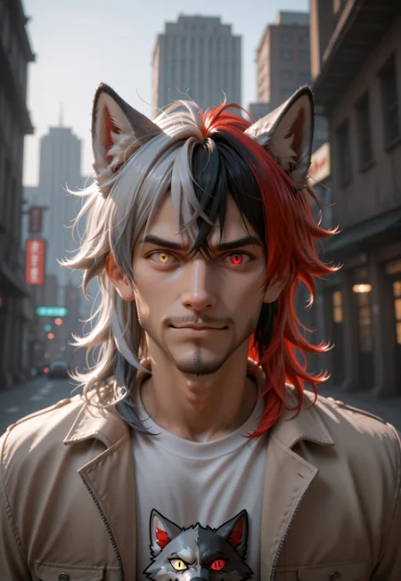 masterpiece, best quality, very aesthetic, absurdres, VD1F4NT4, expressive eyes, heterochromia, animal ears, solo, 1boy, male focus, red hair, multicolored hair, wolf ears, looking at viewer, jacket, shirt, gradient hair, yellow eyes, red eyes, grey hair, two-tone hair, black hair, messy hair, facial hair, medium hair, depth of field, outdoors, city view, cinematic angle, cinematic lighting, looking at viewer, handsome, dynamic pose