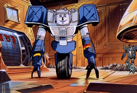 score_9, score_8_up, score_7_up, Yes man, robot, single wheel robot, blue robot, radio antenna, smile, Transformers, Animation, <lora:Transformers 86 FT:1>