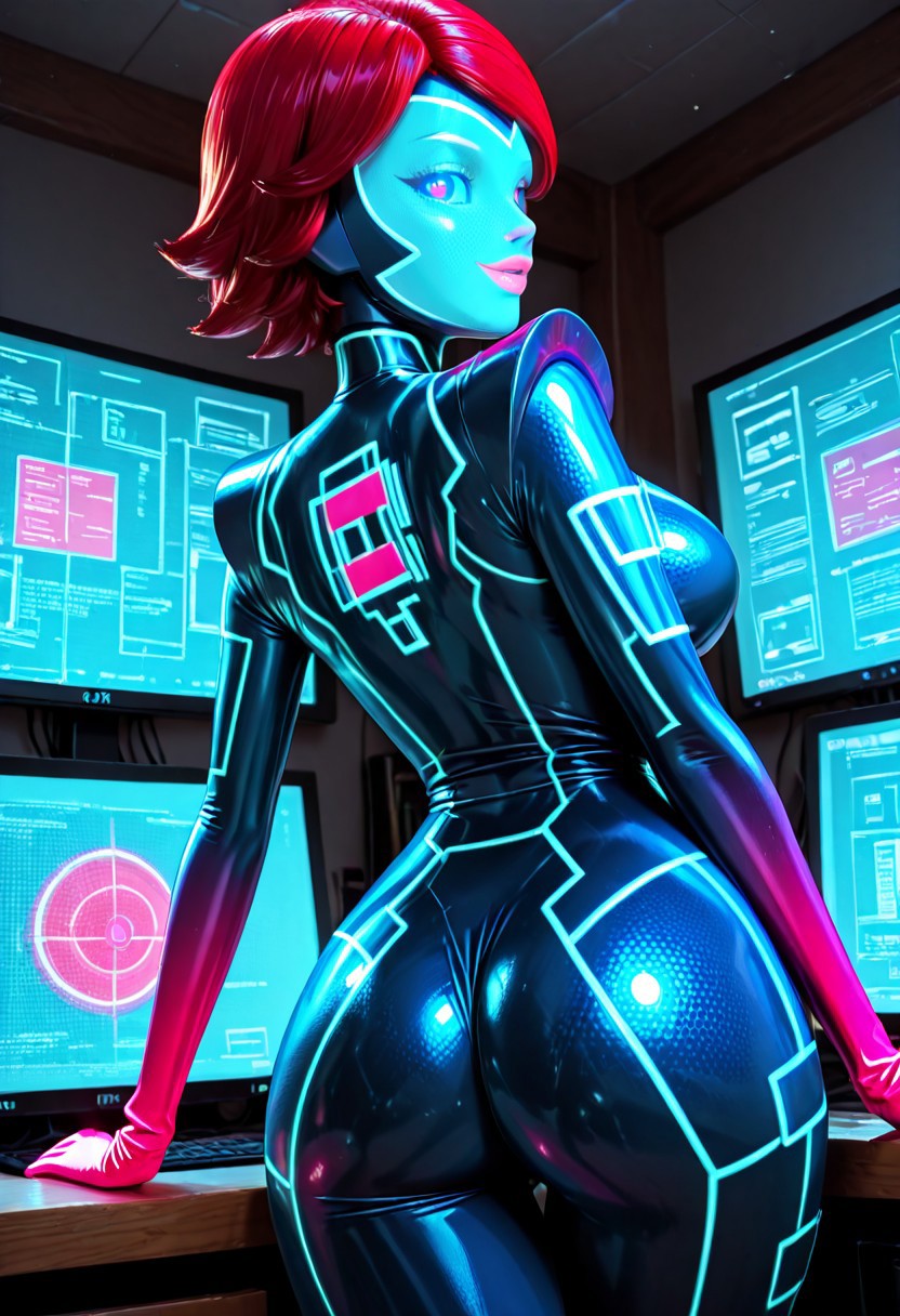 masterpiece, high quality, best quality, vivid colors, vibrant colors, BREAK, Prime Queen, purplish-red hair, colored sclera, blue sclera, glowing pink pupils, glowing pink lips, pixel-textured helmet, headwear, glass helmet, light blue mask, pixel-textured shoulder pad jumpsuit, dark-blue jumpsuit, vivid-cerise lower arms, vivid-cerise lower legs, glowing lines, light-blue lines, pattern lines, sexy, erotic, skin tight, slim waist, wide hips, large breasts, dynamic pose, cheerful, back view, BREAK, colorful background, multiple monitors,