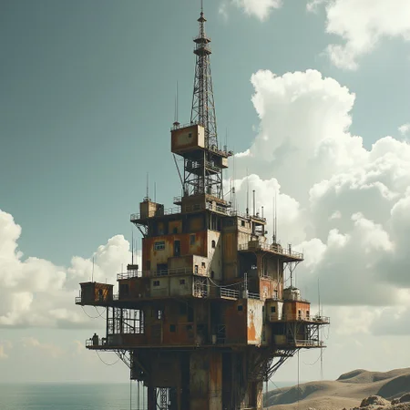 nttw style, A towering, dilapidated structure with multiple levels and antennas stands against a backdrop of a cloudy sky. The building appears to be in a state of disrepair, with rust and peeling paint visible on its surface., oilrig, sky, clouds