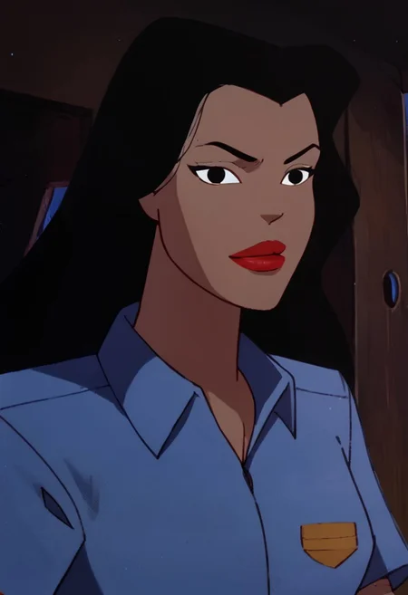 score_9, score_8_up, score_7_up, 1girl, solo, lipstick, black hair, black eyes, breast, blue shirt, short sleeves, dark skin, GinaSA, close-up, looking at viewer
