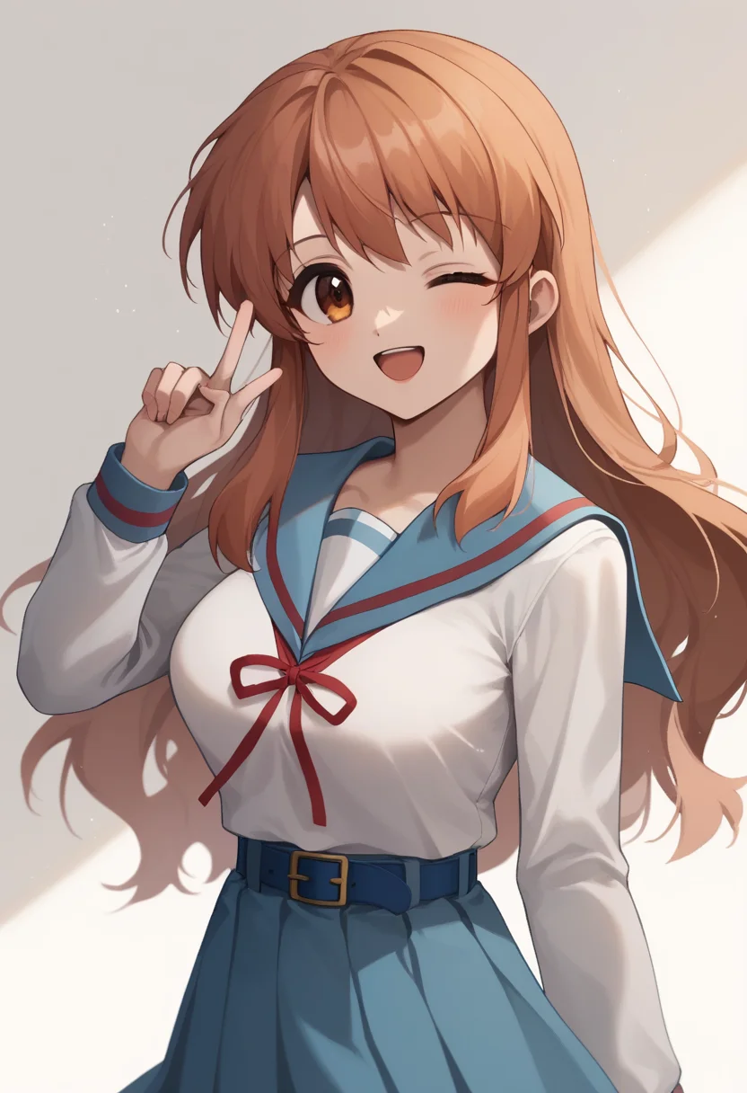 score_9,score_8_up,score_7_up,ra,<lora:asahina_mikuru_pony:1>,winter_uniform, one_eye_closed, large_breasts, smile, solo, open_mouth, kita_high_school_uniform, 1girl, english_commentary, blue_skirt, upper_body, blue_sailor_collar, asahina_mikuru, red_ribbon, transparent_background, white_shirt, blue_belt, serafuku, long_sleeves