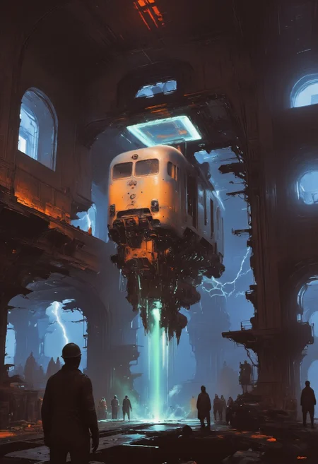 Art by Alejandro Burdisio. A digital illustration shoot from below about a futuristic, sci-fi scene featuring a large, metallic, futuristic train suspended in mid-air amidst a dramatic, electrifying environment. the scene is set in a dimly lit industrial environment with large, arched windows, and machinery visible in the background. the train is suspended in the air, with glowing blue and green lights emanating from it, creating a sense of movement and energy. on the left side of the image, a man stands on a platform, looking up at the train, while on the right side, a group of people stand nearby, observing the scene. the man in the foreground is wearing a hard hat and overalls, and appears to be in a state of contemplation, as if he is lost in thought. the background is filled with a mix of blue and purple hues, with lightning striking down from the sky, adding to the sense of chaos and destruction. the overall atmosphere is one of a post-apocalyptic world, with a focus on technology and science fiction. highly detailed, high budget, cinemascope, moody, epic, gorgeous, film grain, grainy, Jagged rips in space-time, pulsating with the sickly glow of neon orange, electric blue, or radioactive green, synthetic mist, hiding secrets, silhouettes, and the occasional ghost of the old world. pscho_4rt, surreal, abstract, glitch effects, neon-mist