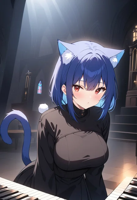 Zyrnox-Exoterra Style, 1girl, cat girl, cute, masterpiece, source_anime, best quality, perfect anatomy, very aesthetic, absurdres, tail, dark atmosphere, dynamic lighting, church, blue hair, red eyes, piano