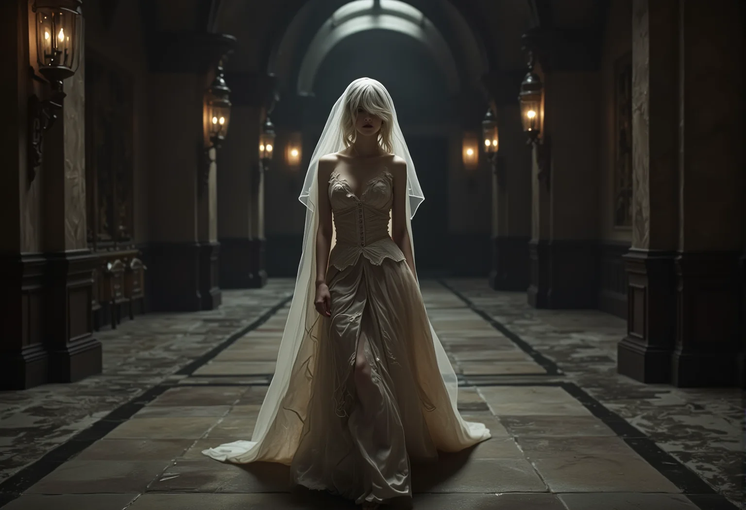 A ghostly apparition in a tattered gown, gliding silently through a grand hall, her face obscured by a veil. bv-daraca<lora:bv-dark-academia-v1.safetensors:1.0:1.0>