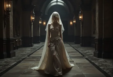 A ghostly apparition in a tattered gown, gliding silently through a grand hall, her face obscured by a veil. bv-daraca<lora:bv-dark-academia-v1.safetensors:1.0:1.0>