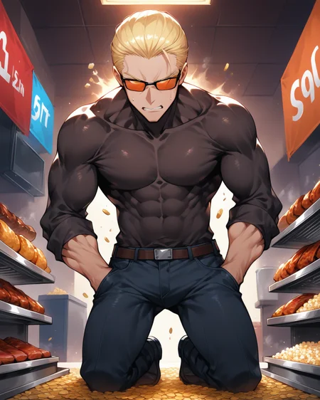 score_9, score_8_up, score_7_up, score_6_up, source_anime, rating_explicit, ah1, best quality, (masterpiece:1.4), (high quality:1.4), sharp focus, 4k, absurd resolution, <lora:albertwesker-guy-PONYv1:0.8> albertwesker, albert wesker, 1boy, solo, blonde, black gloves, sunglasses, belt, pants, black coat, black pants, looking at viewer, toned, athletic, fit, slicked back hair, black turtleneck, zipper, mature male, (graphene textured clothes), black boots, (Hands In Pockets), (Concession Stand, Aromatic smells of grilled meat and popcorn wafting through the air, colorful banners advertising snacks, a line of eager patrons, clinking of coins as transactions are made, and the sound of sizzling from the grill), bad-hands-5, ((Frustrated expression)), <lora:xl_more_art-full_v1:0.4>, <lora:shinyskin2:0.3> glistening skin, <lora:aesthetic_anime_v1s:0.4>, <lora:Expressive_H:0.4> Expressiveh, <lora:hairdetailpxl:0.4> hairdetailpxl, <lora:EpicF4nta5yXL:0.4>, <lora:detailxl:0.4> detailxl, <lora:Fant5yP0ny:0.4> (Eye-level angle view medium Close shot (focus on knees)), (denim bermuda shorts), (focused, intense glare), slit pupils, short hair, (reddish orange eyes),