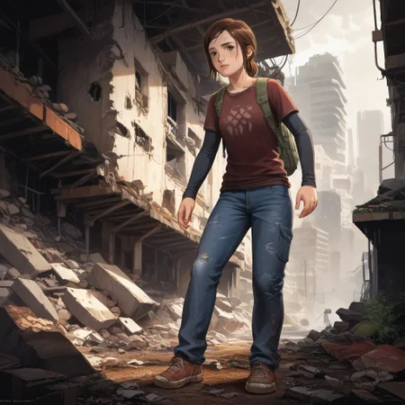 score_8, score_8_up, score_7_up, score_6_up, official art, Hideki Ishikawa BREAK, Ellie-Williams, TLOU, 1girl, solo, shirt, Auburn Hair, long sleeves, shoes, pants, bag, backpack, denim, jeans, layered sleeves, apocalypse, science fiction, destroyed city, rubble, ruins, overgrowth