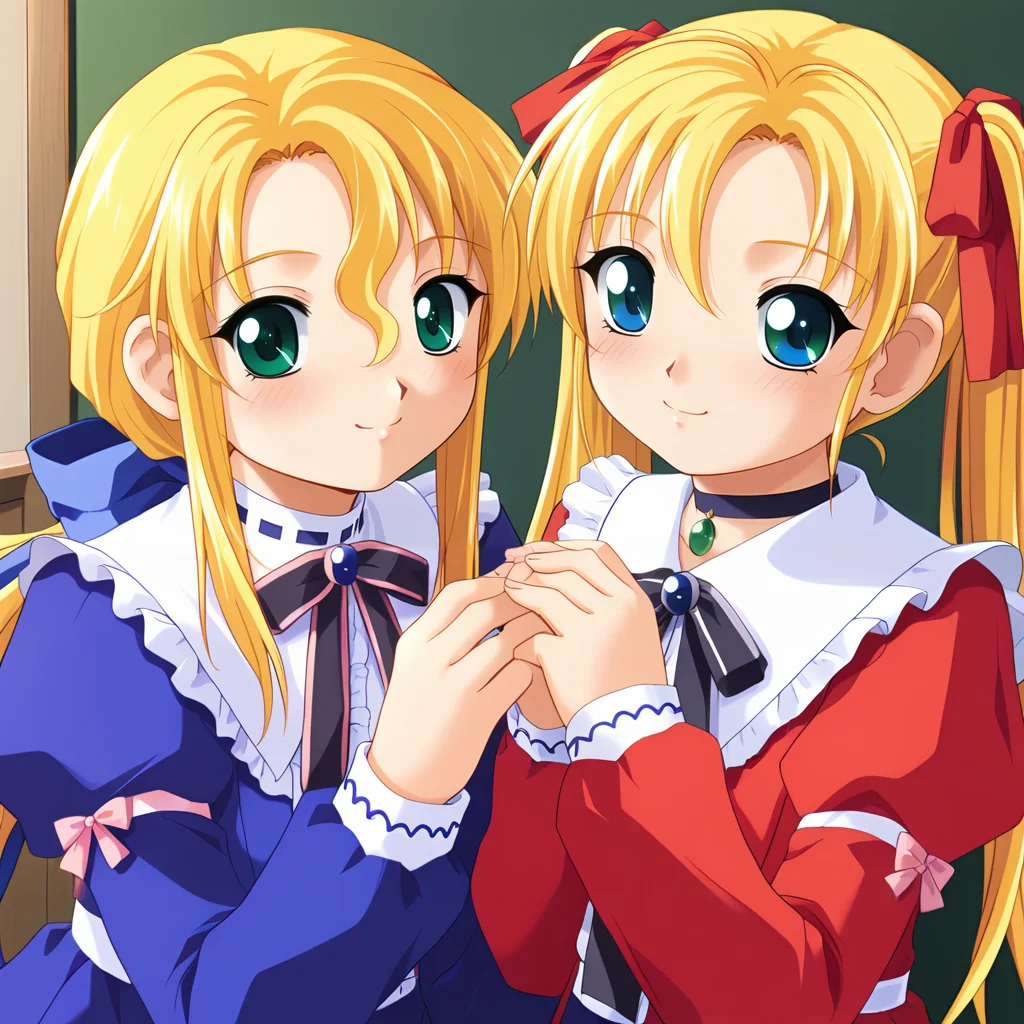 score_9, score_8_up, score_7_up, source_anime,
2girls, mature female, 
cheek-to-cheek, 
simple background, white background, 
ADDBASE
2girls, fifthena, green eyes, blonde hair, long hair, ponytail, sidelocks, ribbon, hair ribbon, blue ribbon,
blush, smile, looking at viewer,
dress, blue dress, frills, long sleeves, 
cheek-to-cheek
ADDCOL
2girls, fifthrina, blue eyes, blonde hair, long hair, twintails, ribbon, hair ribbon, red ribbon,
blush, smile, looking at viewer,
dress, red dress, frills, long sleeves, choker, 
cheek-to-cheek
 <lora:FifthTwin_sdxl-pony-v010:0.9>