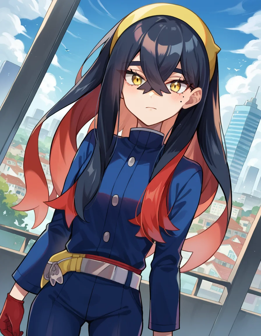 score_9, score_8_up, score_7_up, source_anime,
pokemoncarmine, <lora:pokemon-carmine-ponyxl-lora-nochekaiser:1>
pokemoncarmine, black hair, colored inner hair, crossed bangs, hair between eyes, hairband, long hair, mole, mole under eye, multicolored hair, red hair, sidelocks, two-tone hair, yellow eyes, yellow hairband,
buttons, long sleeves, jacket, gloves, red gloves, pants, belt, blue pants, blue jacket,
outdoors, cityscape,
looking at viewer, cowboy shot, dutch angle,