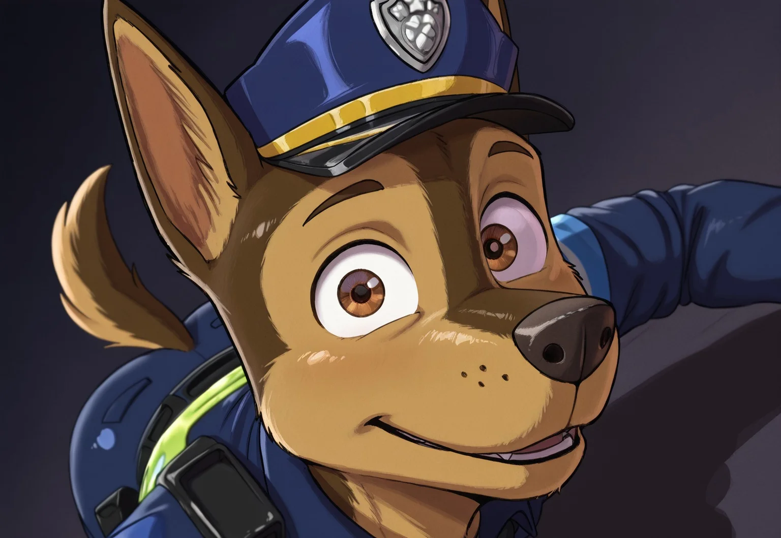 masterpiece, best quality, amazing quality, very aesthetic, absurdres,  newest,  high quality, detailed, high quality, detailed, solo male, yamathegod, Chase, german shepherd, dog boy, brown fur, brown eyes, tail, furry, anthro, 1boy, furry, police uniform, police hat, protective police vest

Expressive cute face, foreshortening, looking at
viewer, shiny skin, simple plain background,
portrait, shadow, dutch angle, dynamic angle,
dynamic action, atmospheric perspective, intricately
detailed, depth of field