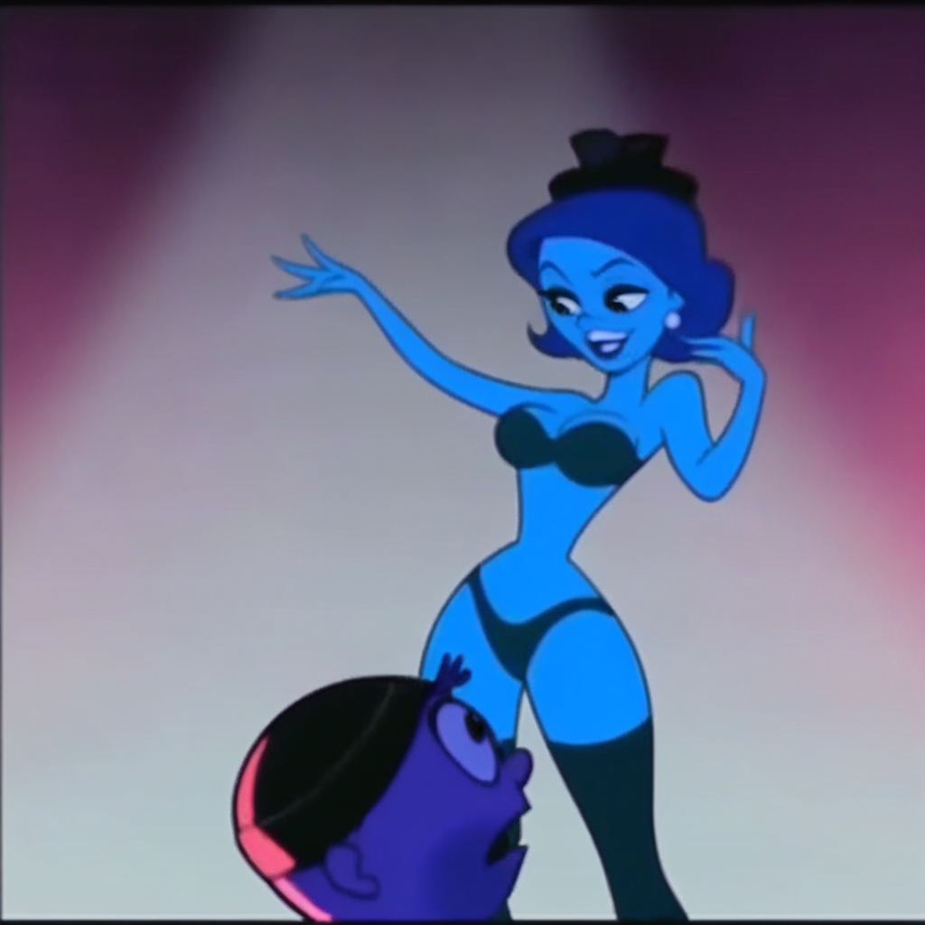 score_9,score_8,score_7, cabaret_girls, boys_night_out_girls, boys_night_out, cartoon girl, female, official art, official style, 1girl, 1boy, thighhighs, underwear, bra, smile, colored skin, looking at another, black border, breasts, panties, open mouth, hat, hetero
