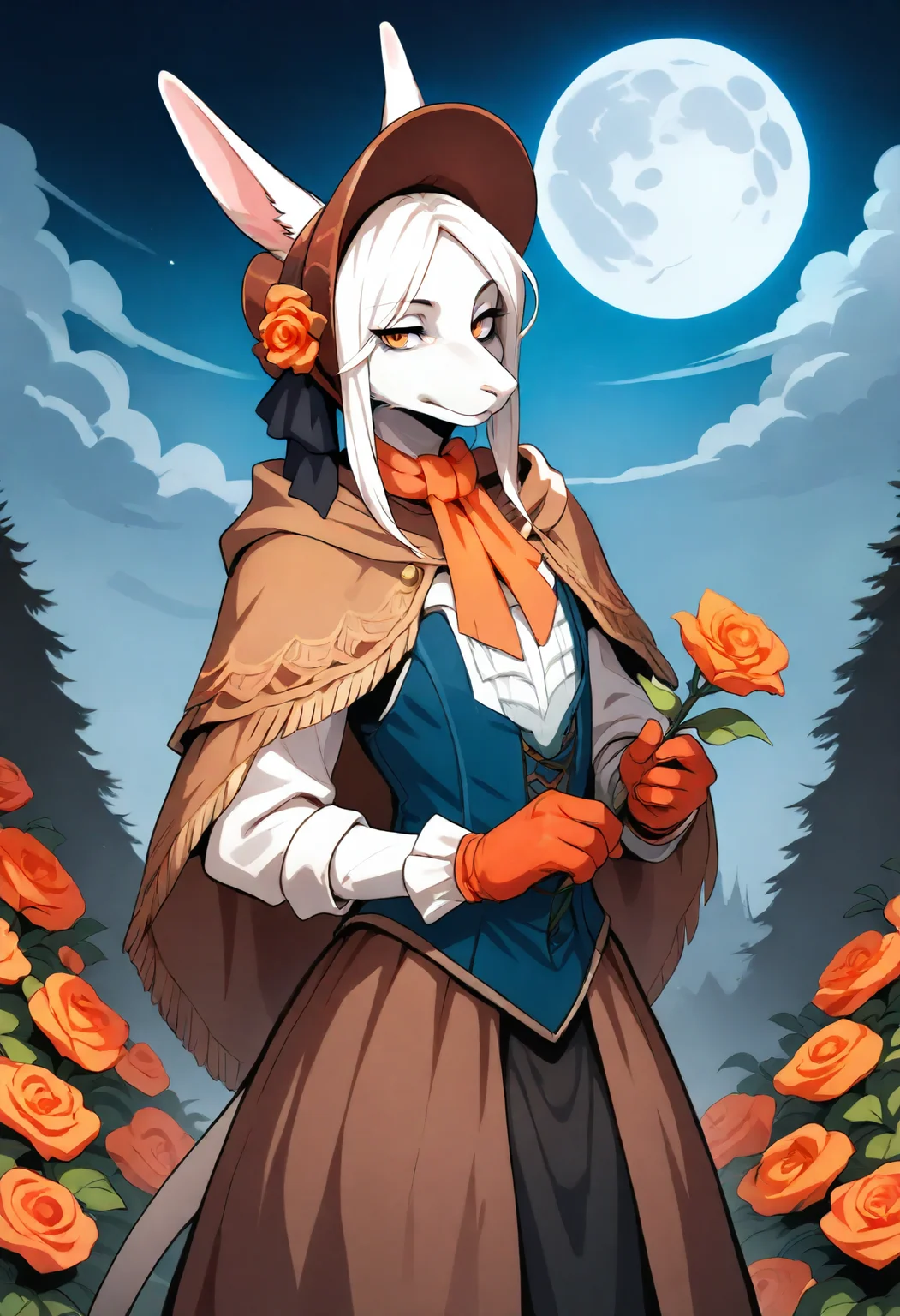 solo, 1girl, freyac, female, white fur, orange eyes, white hair, tail, brown bonnet, brown cloak, brown skirt, bodice, orange neckerchief, orange gloves, bloodborne, orange roses, holding flower, flower garden, victorian, gothic, looking at viewer, white ears, light smile, ears,
BREAK, cowboy shot, flat chest, standing, bored, eyes half closed, relaxed, long skirt, three-quarter_view, night, moon, detailed background, clouds, detailed,
,  <lora:Freya11b s97:1>