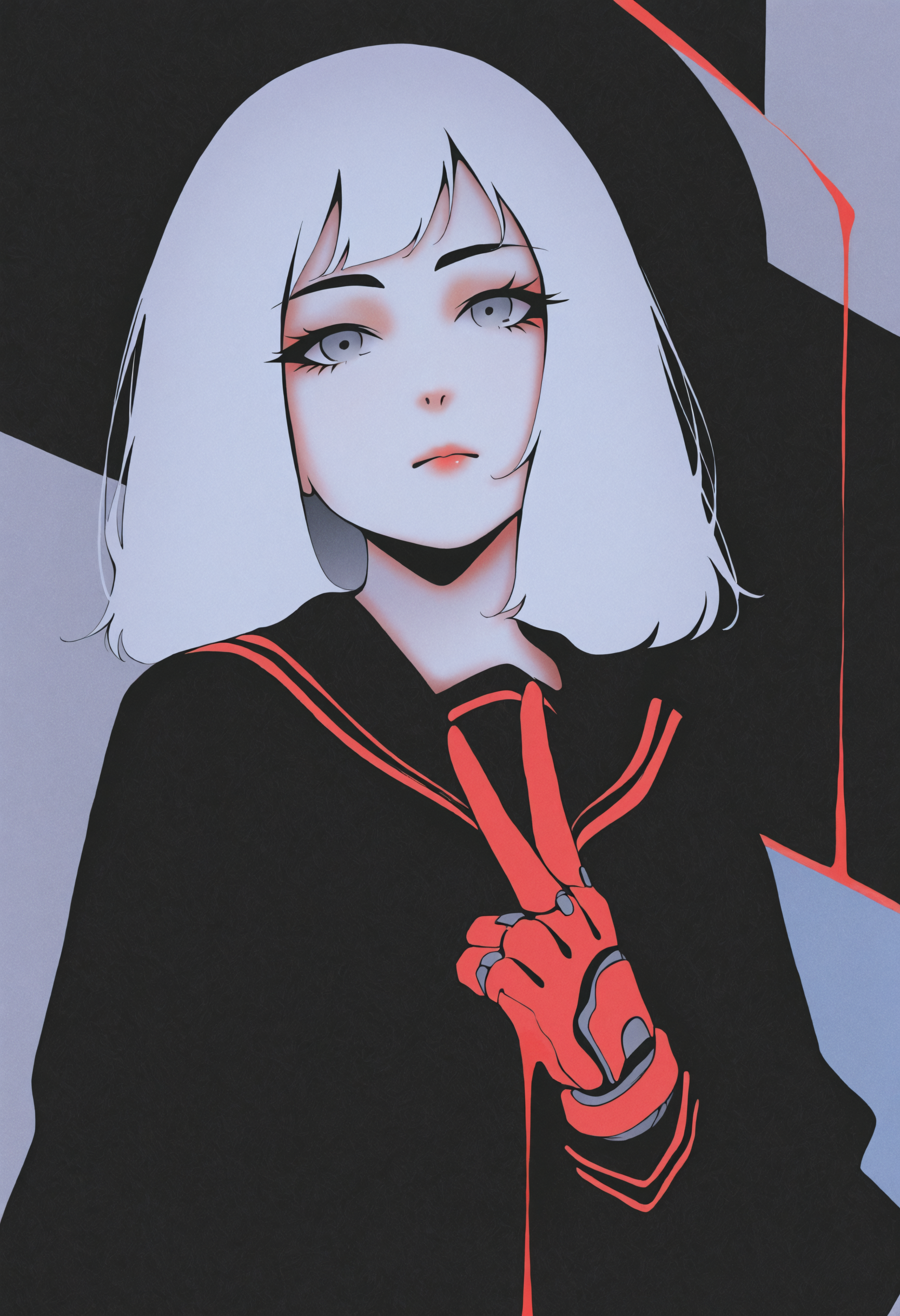 MF9f, dhjs:0.1, bnl0, 1girl, traditional media, abstract, abstract background, painting \(medium\), no lineart, solo, v, black background, upper body, school uniform, looking at viewer, white hair, grey eyes, closed mouth, short hair, medium hair, lips, sailor collar, red gloves, shirt, serafuku, blood, simple background, mechanical arms, expressionless