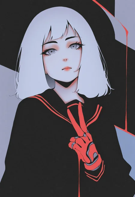 MF9f, dhjs:0.1, bnl0, 1girl, traditional media, abstract, abstract background, painting \(medium\), no lineart, solo, v, black background, upper body, school uniform, looking at viewer, white hair, grey eyes, closed mouth, short hair, medium hair, lips, sailor collar, red gloves, shirt, serafuku, blood, simple background, mechanical arms, expressionless