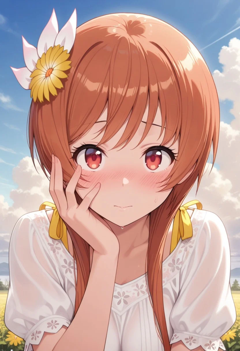 masterpiece,best quality,amazing quality, tachibana marika, orange hair, red eyes, long hair, 1girl, hair ornament, solo, flower, hair flower, blush, hand on own face, looking at viewer, sky, cloud, outdoors