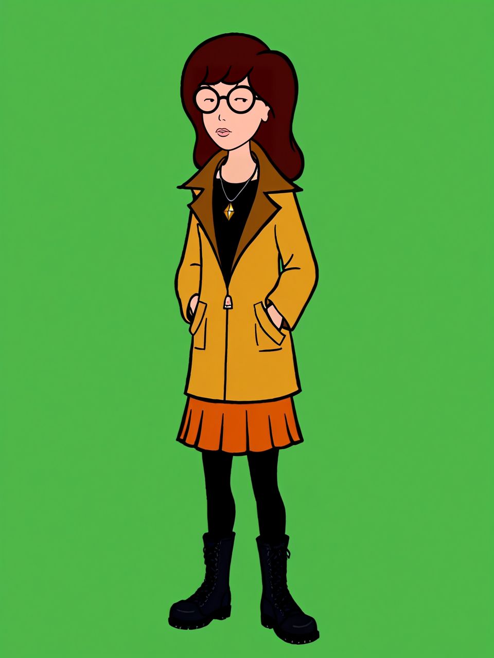 simple background, green background, 1girl, solo, full body, <lora:dariaTV_PDXL new:1.0> dariaTV, dot eyes, lips, glasses, yellow jacket, black shirt, orange skirt, black leggings, combat boots, diamond necklace, hands in pockets,