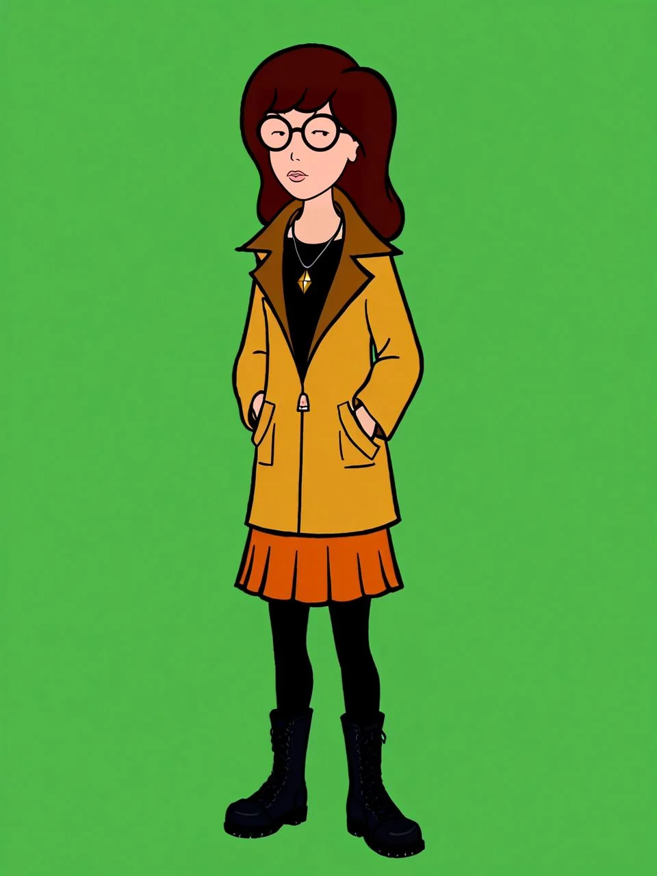 simple background, green background, 1girl, solo, full body, <lora:dariaTV_PDXL new:1.0> dariaTV, dot eyes, lips, glasses, yellow jacket, black shirt, orange skirt, black leggings, combat boots, diamond necklace, hands in pockets,