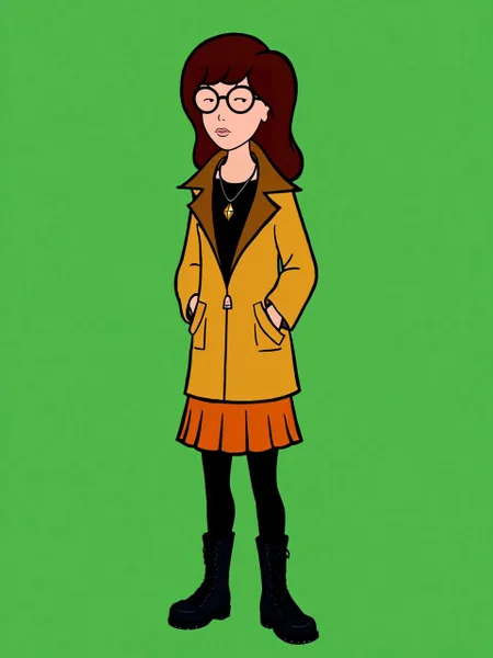 simple background, green background, 1girl, solo, full body, <lora:dariaTV_PDXL new:1.0> dariaTV, dot eyes, lips, glasses, yellow jacket, black shirt, orange skirt, black leggings, combat boots, diamond necklace, hands in pockets,
