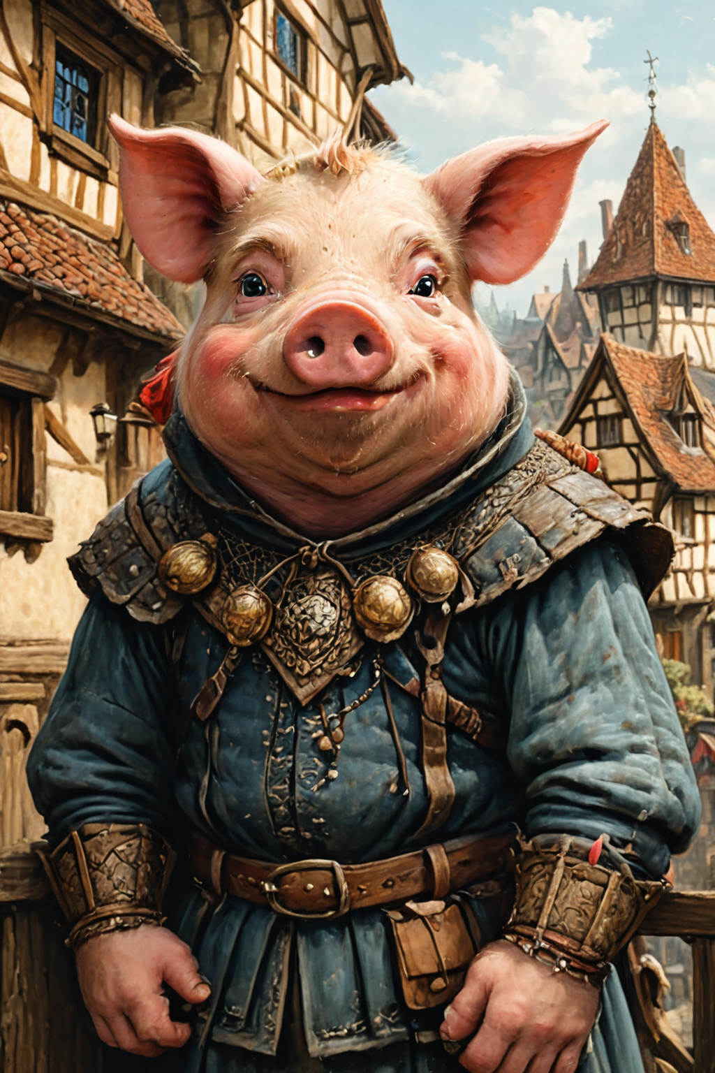 Detailed digital portrait of an anthro Pig at a Timber-framed houses in medieval town, <lora:xl_more_art-full_v1:0.5>,  <lora:The_Crazy_Style:0.7> <lora:anthro_muscular:0.7>