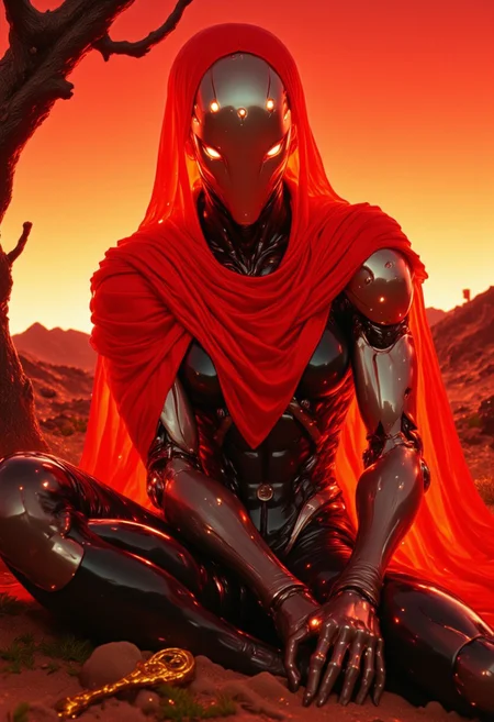 This digital artwork features a humanoid robot sitting on the ground in a barren, desert-like landscape, rendered with colored pencil hyperdetailed realism. The robot’s sleek, metallic body and cylindrical, helmet-like head, adorned with small circular lights, stand out against the apocalyptic backdrop. It wears a translucent, bright red cloak that flows dramatically over its shoulders, adding an element of mystery. The robot's articulated arms and legs combine metallic and organic textures, blending human and machine design. The background displays a striking gradient sky transitioning from deep orange at the horizon to lighter hues near the top, enhancing the warmth and intensity of the apocalyptic setting. A bare, twisted tree with gnarled branches contrasts the robot's form, while the rocky, dry ground is dotted with sparse greenery. A small, golden object, possibly a key or tool, rests before the robot, hinting at an unknown purpose. In the distance, faint silhouetted mountains add depth to the desolate landscape. The use of translucent elements in the cloak and hyper-realistic details creates a surreal, apocalyptic atmosphere. (apoclypse, sss, translucent, hknuns, hkgod, ArsMJStyle, Colored pencil hyperdetailed realism)